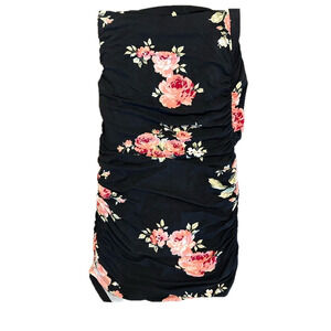 BLACK AND PINK FLORAL SIDE RUNCHED SKIRT